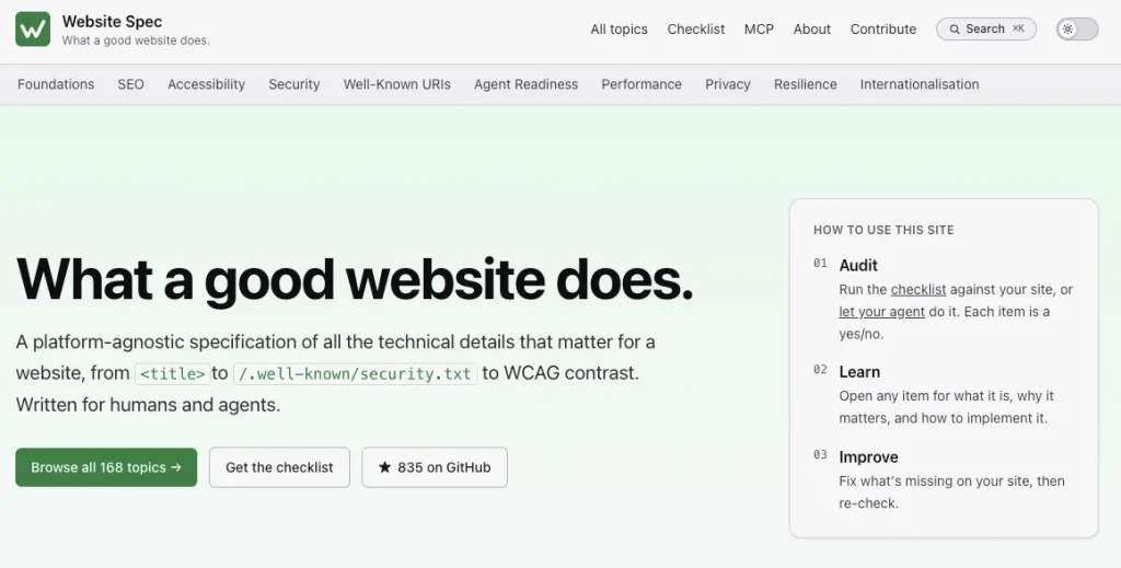 The specification.website homepage, headlined "What a good website does," with a navigation menu that includes an Agent Readiness section.