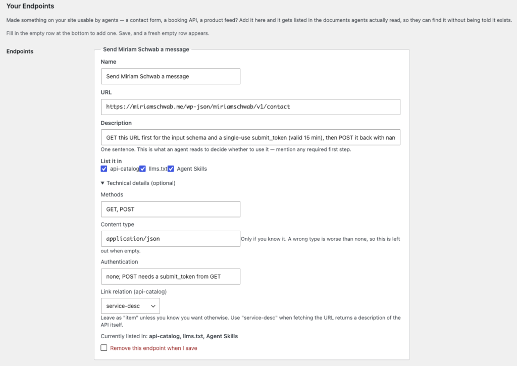 The Make My Site Agent-Ready settings screen, showing the contact endpoint with its name, URL, description, and checkboxes for listing it in api-catalog, llms.txt, and Agent Skills.